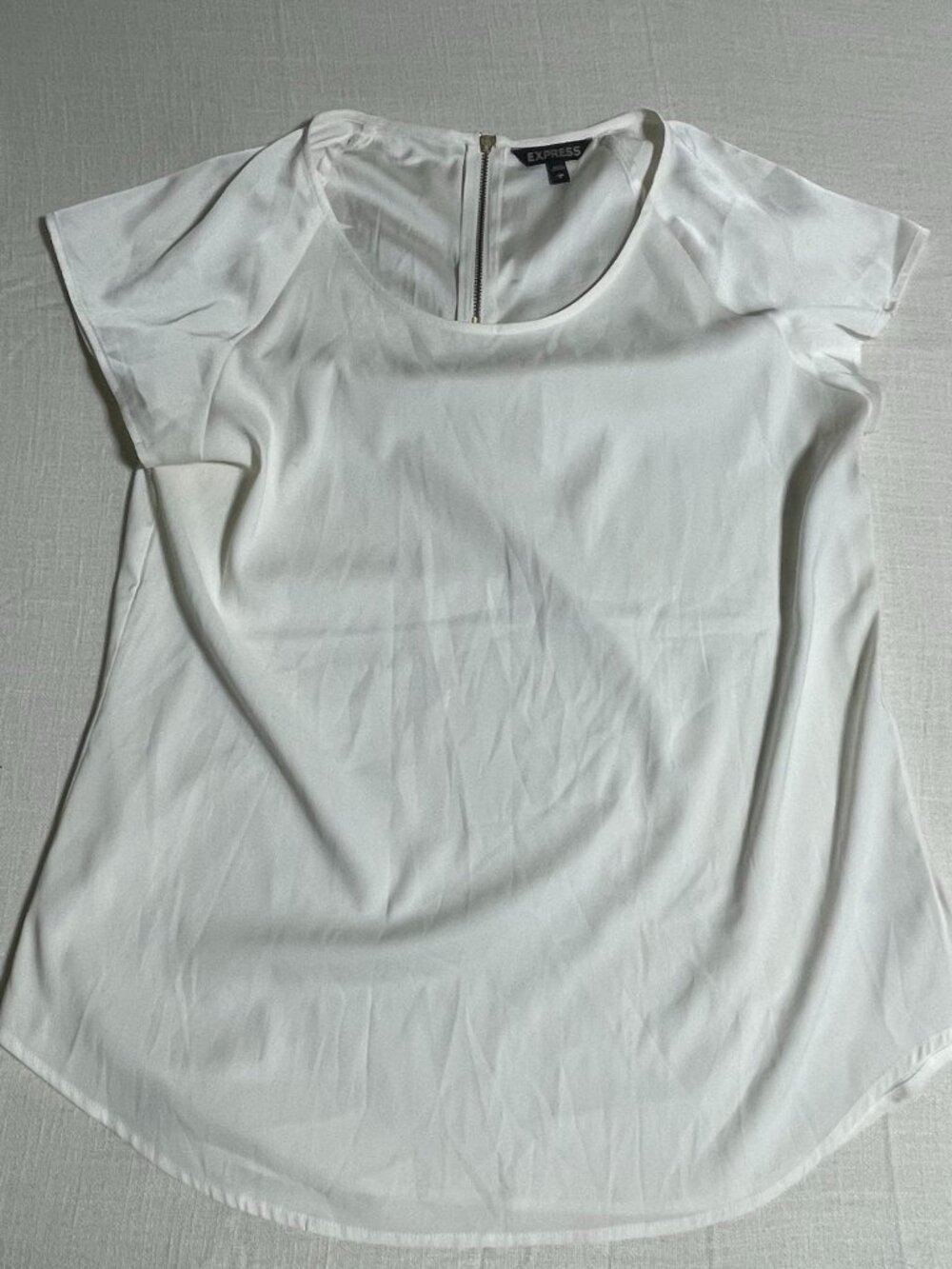 Womens Express White Satin Shirt with Gold Zipper (Size L)